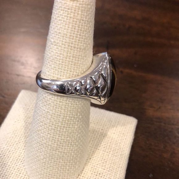 Vintage Cross Hatch Sterling Silver Marquise Cut Tigers Eye Ring Sz 6-3/4 - Picture 7 of 9